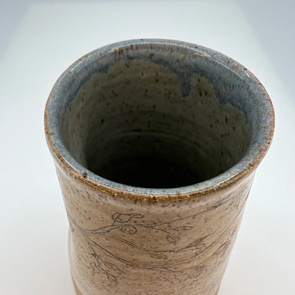 Folk Art Sandstone Pottery Vase “One Day At A Time” Fauna Print Artist Signed